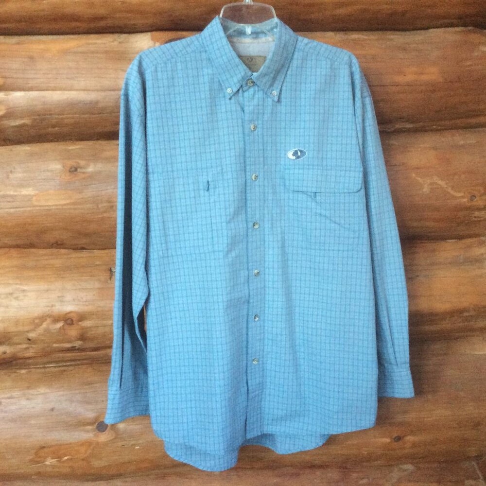 Mossy Oak Plaid Light Blue LS Clearwater Vented Fly Fishing Shirt Size Large
